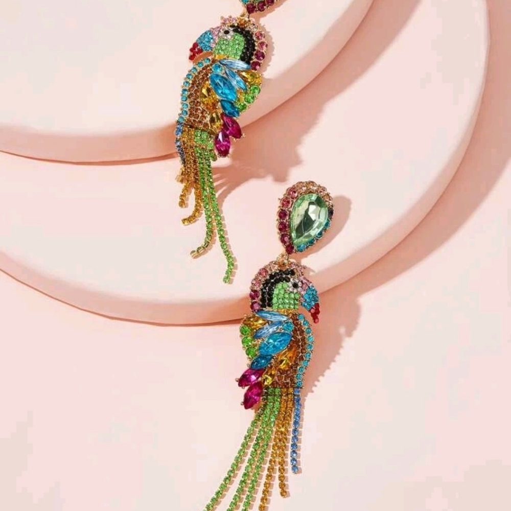 Colorful Parrot Rhinestone Earrings - Picture 2 of 4